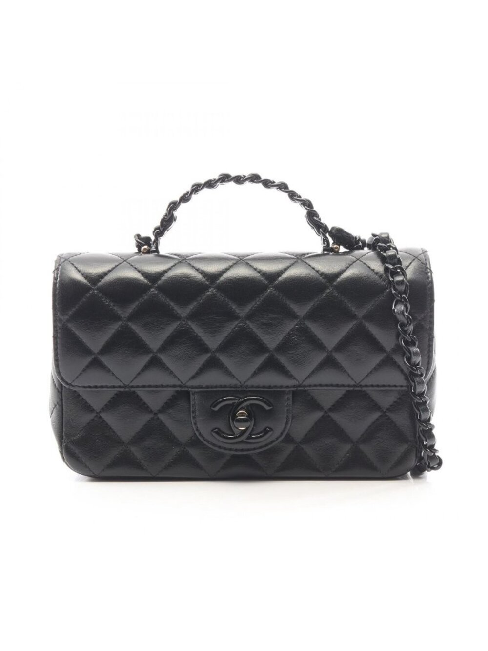Chanel Shoulder Bag Quilted Top Handle Black 2-Way Lambskin Top Plastic Chain
